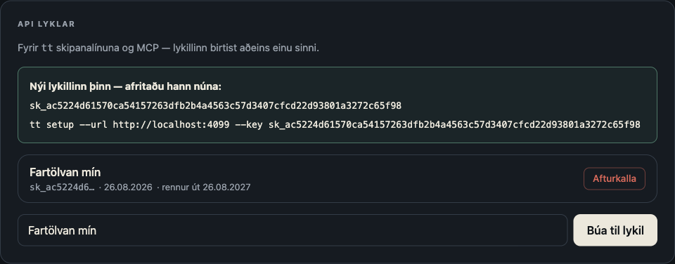 Nýr lykill birtur með sk_ lyklinum og tilbúinni tt setup skipun