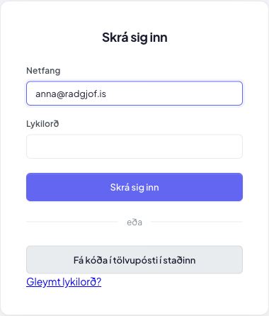 Innskráningarsíða Tímabókar með netfangi, lykilorði og hnappnum „Skrá sig inn"