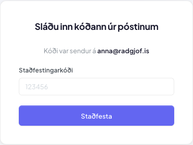 Staðfestingarsíða þar sem sex stafa kóði er sleginn inn