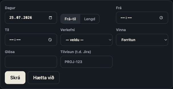 Í dag-listinn með + Skrá tíma eftir á takkanum neðst