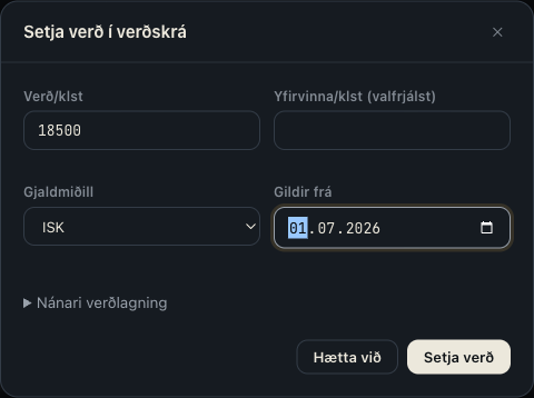Setja verð í verðskrá