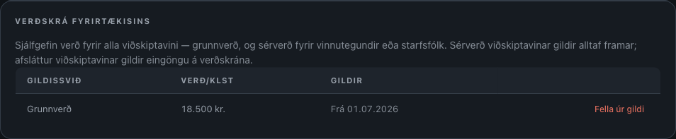 Verðskrá fyrirtækisins