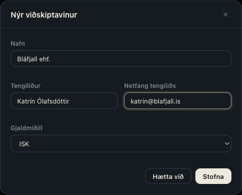 Gluggi til að stofna viðskiptavin